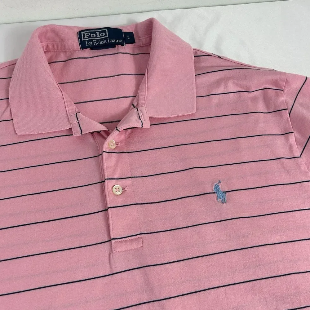 Polo‎ Ralph Lauren Pink Striped Polo Shirt Short Sleeves Pima Cotton Size Large